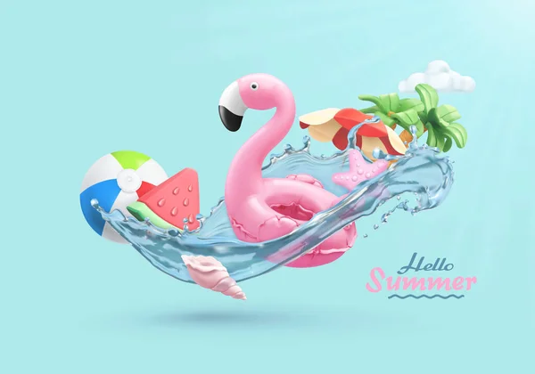 Zomer Feestelijke Achtergrond Vector Realistische Illustratie Flamingo Opblaasbaar Speelgoed Watermeloen — Stockvector