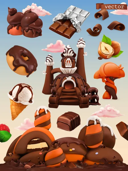 Bela Fábrica Chocolate Castelo Cartoon Ilustração Conjunto Ícones Vetoriais —  Vetores de Stock