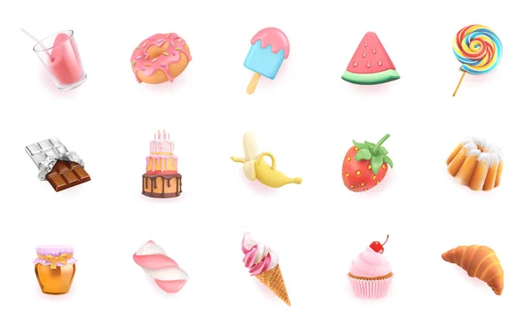 Sweet Icons Set Realistic Vector Objects Cocktail Dessert Cupcake Cake — Stock Vector