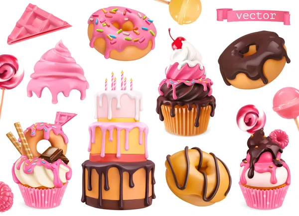 Sweets Векторные Реалистичные Объекты Кексы Торт Пончики Конфеты Продовольственные Иконы — стоковый вектор