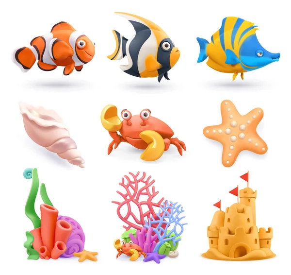 Unterwasserwelt Cartoon Ikone Set Tropische Fische Korallen Sandburgen Seesterne Muscheln — Stockvektor
