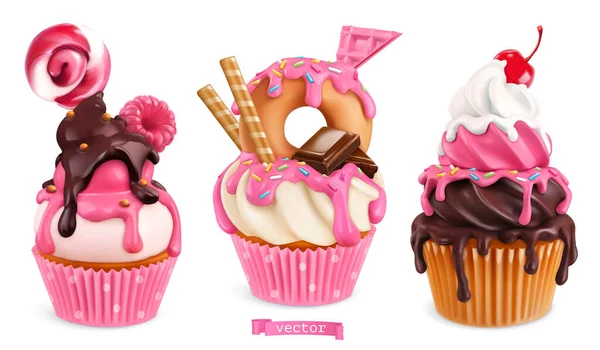 Cupcakes Mit Himbeeren Donut Schokolade Realistische Vektor Süße Desserts Lebensmittel lizenzfreie Stockvektoren