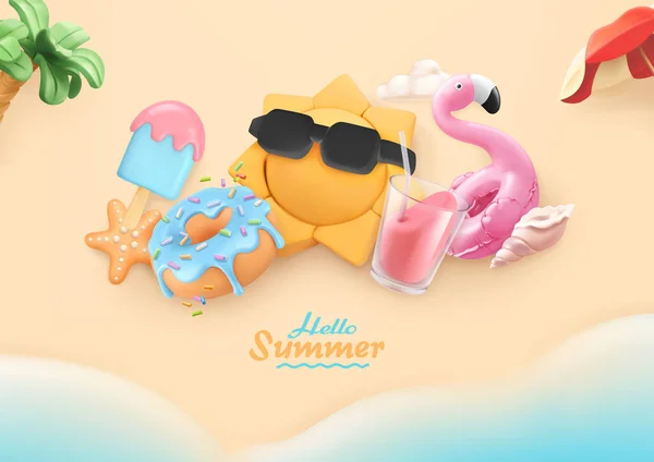 Літо Пляжний Відпочинок Фону Вектор Реалістична Ілюстрація Море Сонце Пончик Стокова Ілюстрація