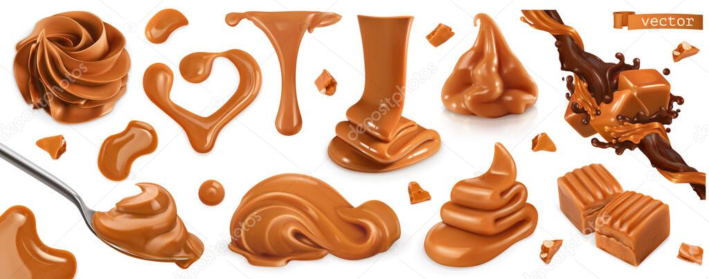 Caramel, peanut butter. 3d vector realistic set