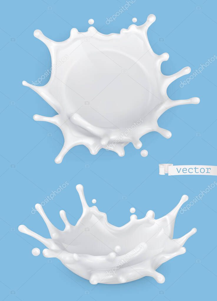 Milk splash. 3d realistic vector objects, food illustration