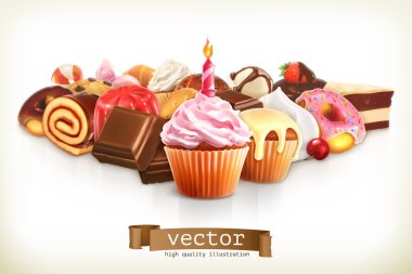 Festive cupcake with candle, confectionery vector illustration