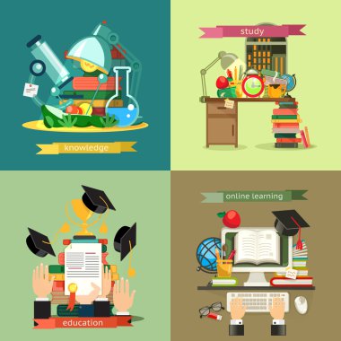 Okul ve Eğitim seti, vektör arkaplan düz tasarım