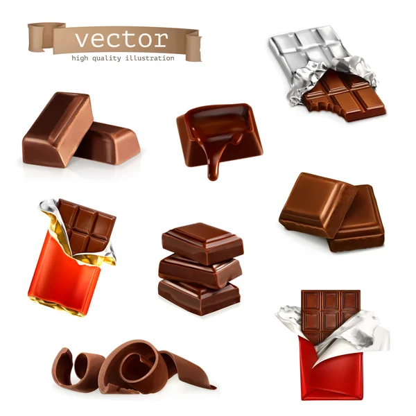 Barras e peças de chocolate, conjunto vetorial — Vetor de Stock