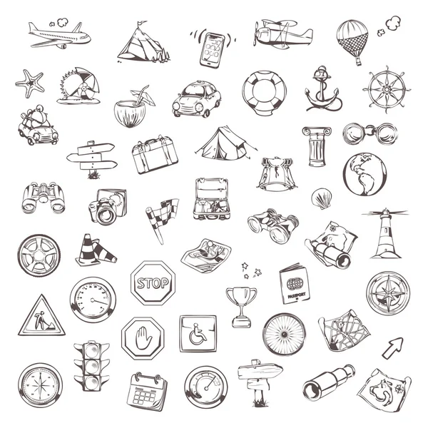Viajes y navegación, bocetos de iconos vector conjunto — Vector de stock