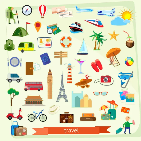 Juego de iconos de viaje, diseño plano — Archivo Imágenes Vectoriales