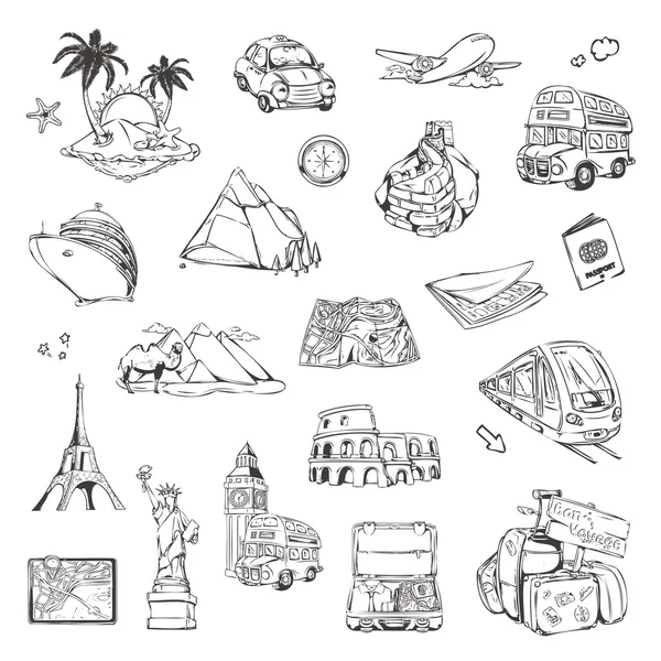 Viajes, bocetos de iconos vector conjunto — Vector de stock