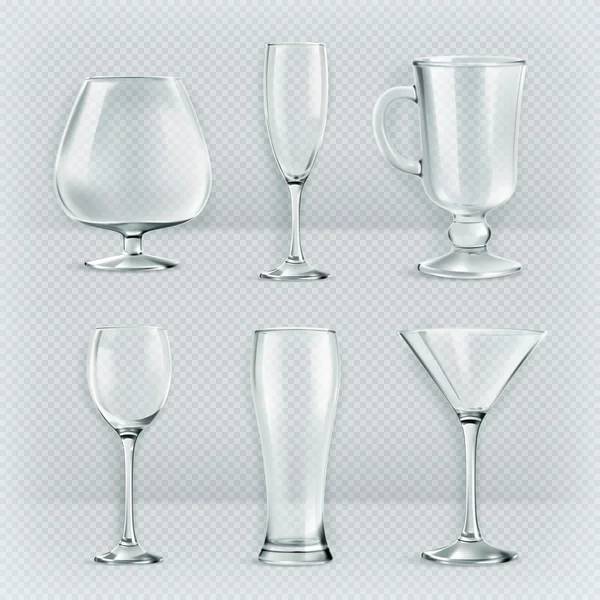 Set di bicchieri trasparenti, collezione di bicchieri da cocktail , — Vettoriale Stock