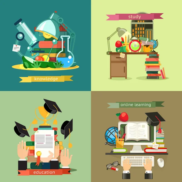 Escuela y Educación conjunto, fondos vectoriales diseño plano — Vector de stock