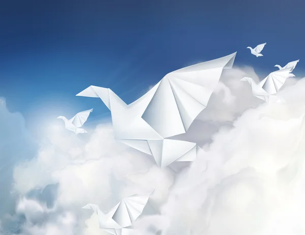 Paper origami doves in the clouds vector illustration — Stock Vector