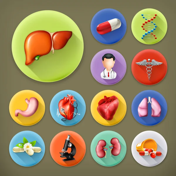 Medicina y salud, conjunto de iconos de sombra larga — Vector de stock