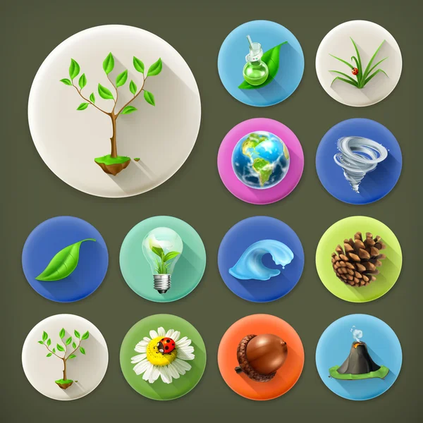 Natuur en Ecologie, lang schaduwpictogram ingesteld — Stockvector