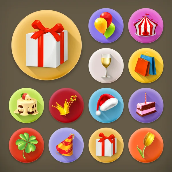 Vacaciones y regalos, conjunto de iconos de sombra larga — Vector de stock