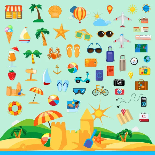 Beach holiday, icon set flat design — Stock Vector