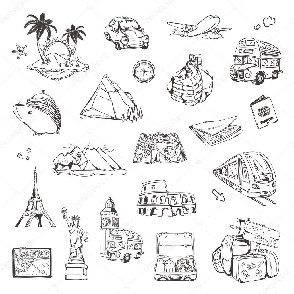 Travel, sketches of icons vector set