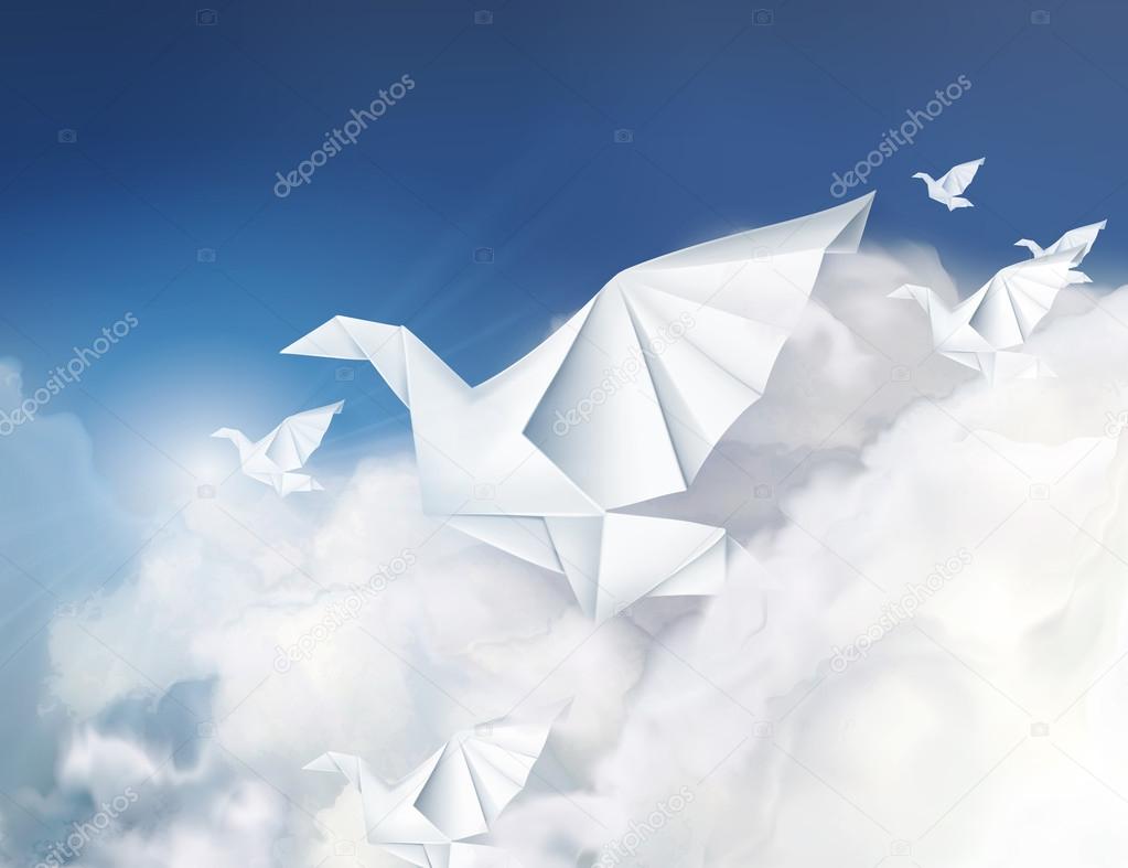 Paper origami doves in the clouds vector illustration