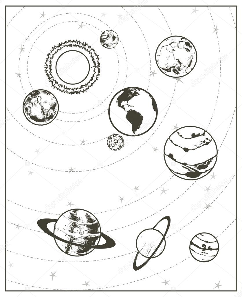 Black drawing of solar system