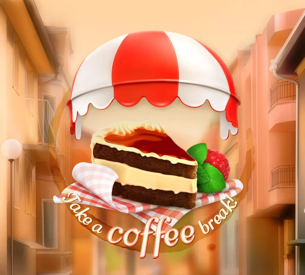 Torta al caffè, invito a una tazza di caffè, colazione o pranzo — Vettoriale Stock