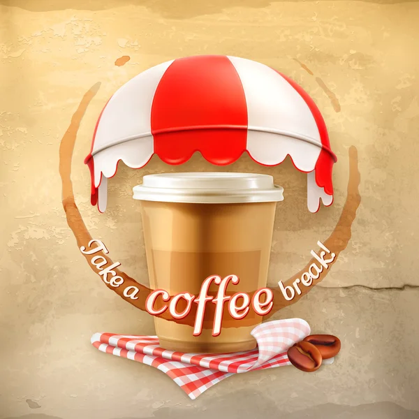 Kopje koffie met koffie vlek, tafelkleden, korrels van koffie en luifels — Stockvector
