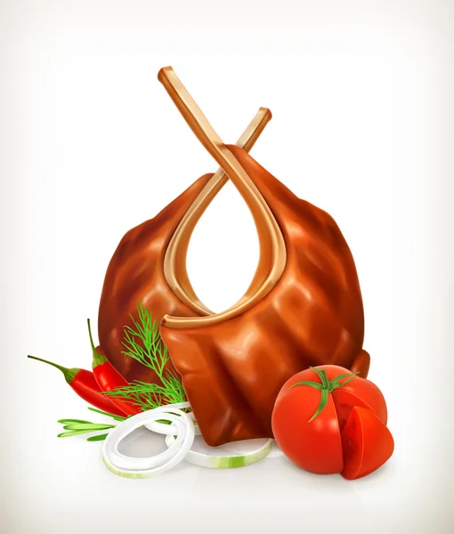 Grillat kött revben med tomat, lök, dill och chili peppar — Stock vektor