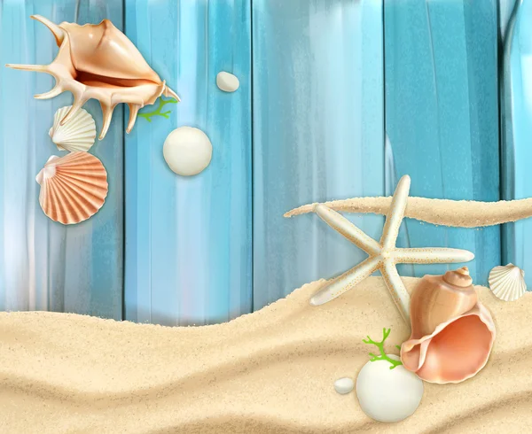 Conchas de mar sobre arena y fondo de madera — Vector de stock
