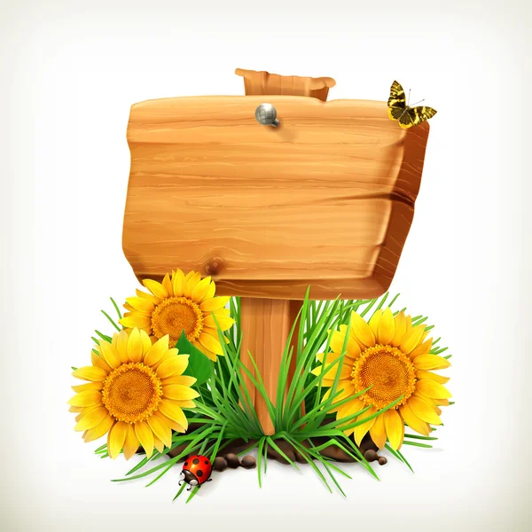 Cartello con girasoli, coccinella e farfalla — Vettoriale Stock