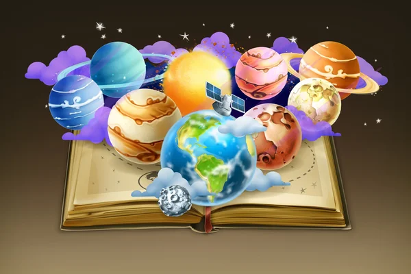 Livro com planetas, fundo —  Vetores de Stock