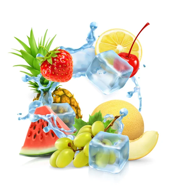 Multifruta con cubitos de hielo y salpicaduras de agua — Vector de stock