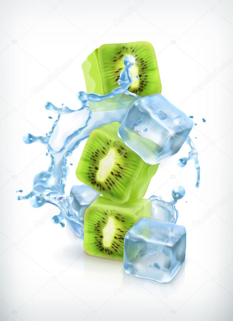Kiwi with ice cubes and water splash