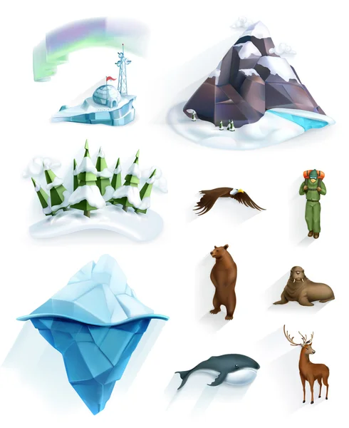 Nature polaire, icônes du pays des merveilles hivernales — Image vectorielle