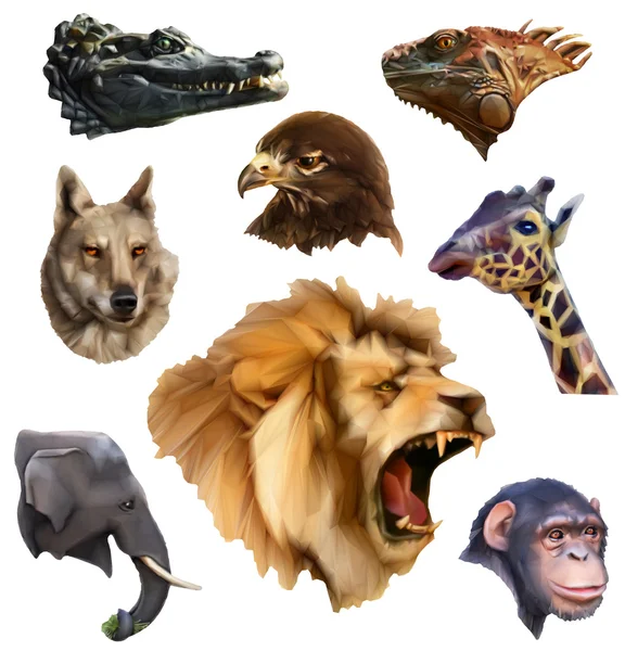 Animal heads, low poly style icons set — Stock Vector