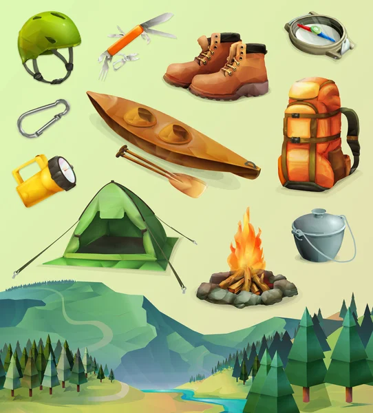 Camp set of vector icons, low poly style — Stock Vector