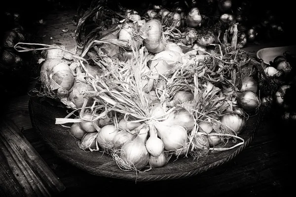 Fresh onions in rustic setting — Stock Photo, Image