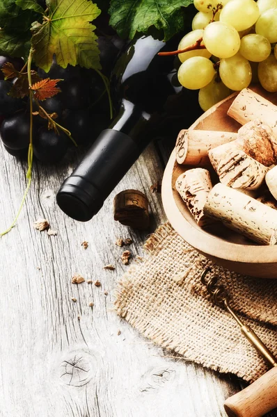 Flasche Rotwein mit frischen Trauben — Stockfoto