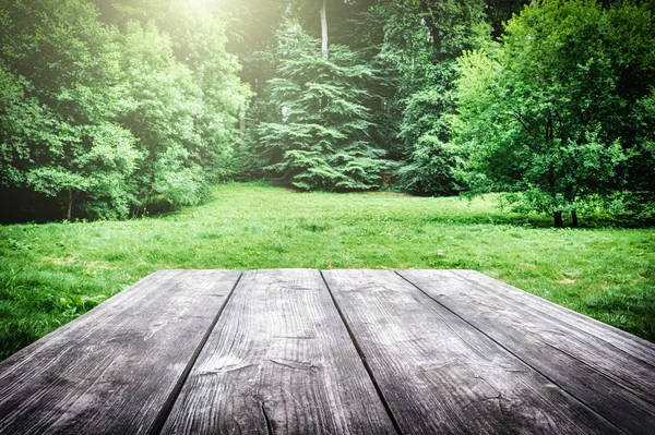 Mesa de piquenique de madeira na floresta — Fotografia de Stock