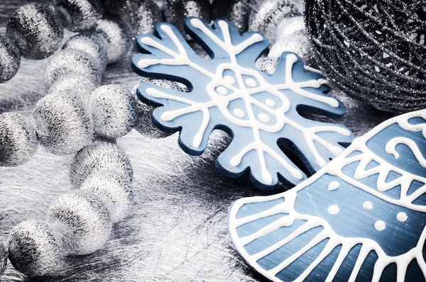 Christmas decorations in silver and blue tone — Stock Photo, Image