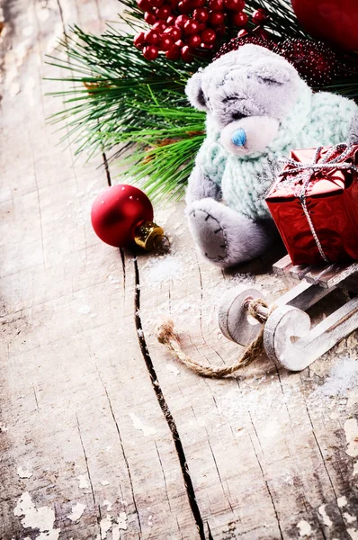 Christmas decorations with teddy bear — Stock Photo, Image