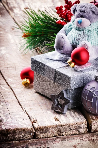 Christmas decorations with teddy bear — Stock Photo, Image