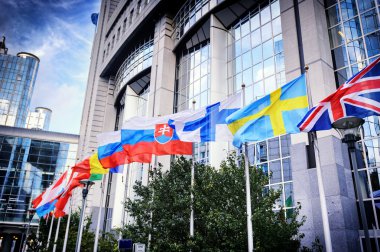 Flags in front of European Parliament building clipart