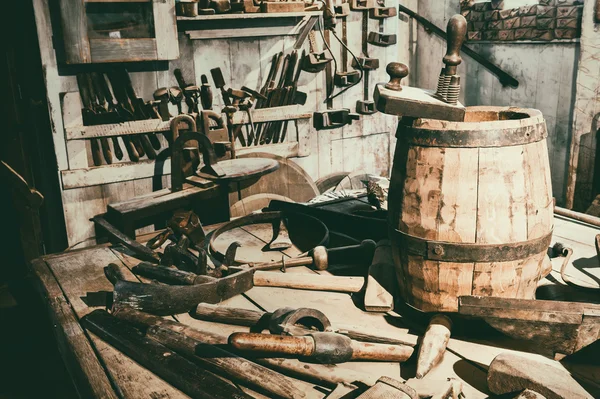 Old hand tools in vintage workshop — Stock Photo, Image