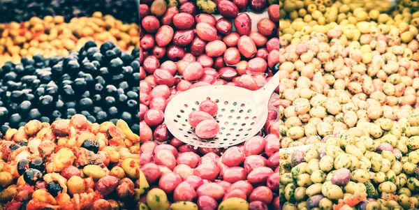 Seçim baharatlı siyah ve yeşil zeytin — Stok fotoğraf