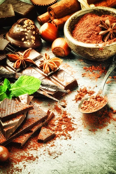 Ассортимент тонкого шоколада и какао-порошка — стоковое фото