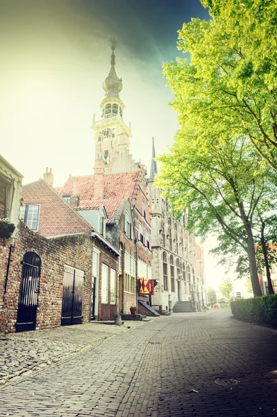 European town street with cobblestone pavement — Stock Photo, Image