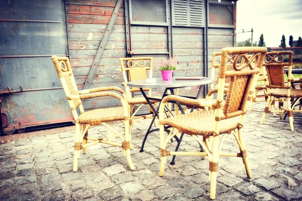 Cafe terrace at the small train station — Stock Photo, Image