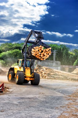 Forklift truck hauling logs at sawmill clipart