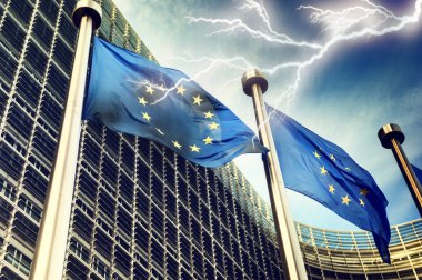 Lightning over European Union flags clipart